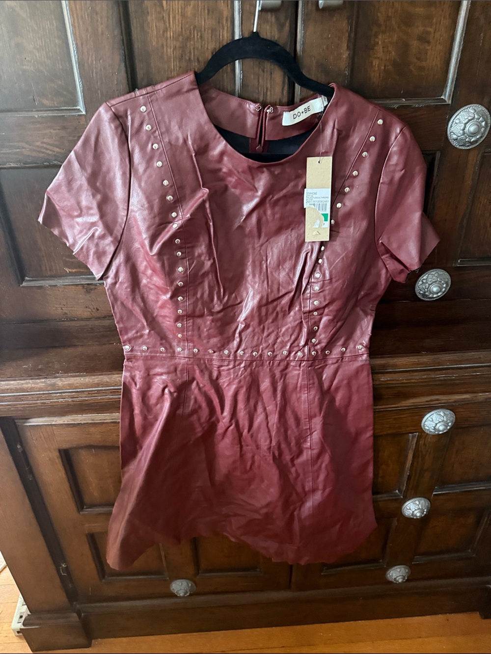 DO+BE Studded Faux Leather Short Sleeve Dress - Wine
